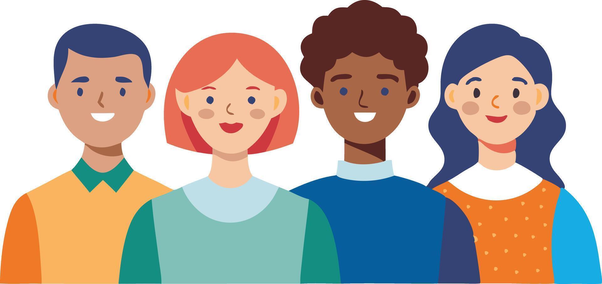 Group of four diverse individuals smiling together, showcasing friendship vector