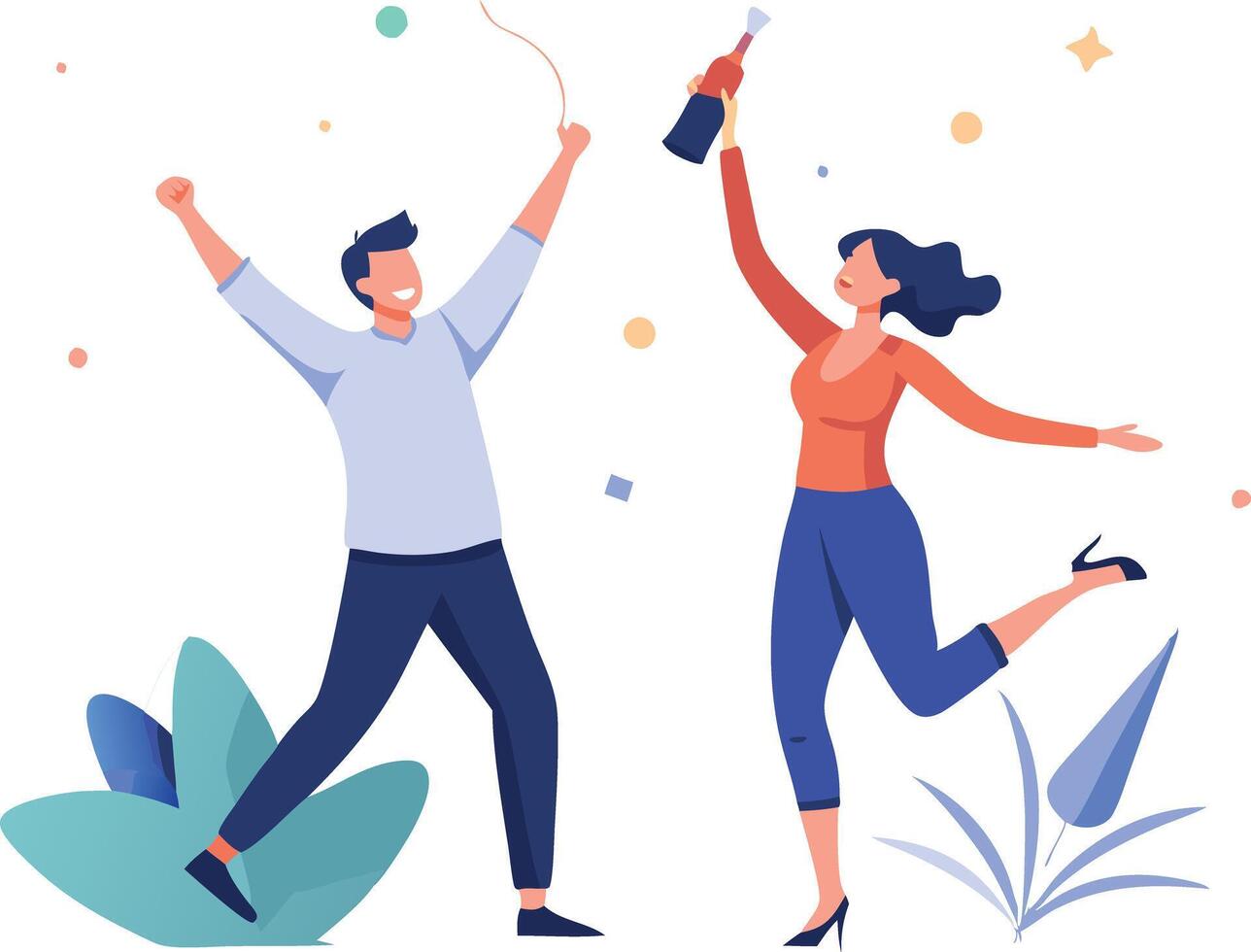 Two Friends Celebrate, Pop Champagne and Enjoy a Festive Moment Together. vector