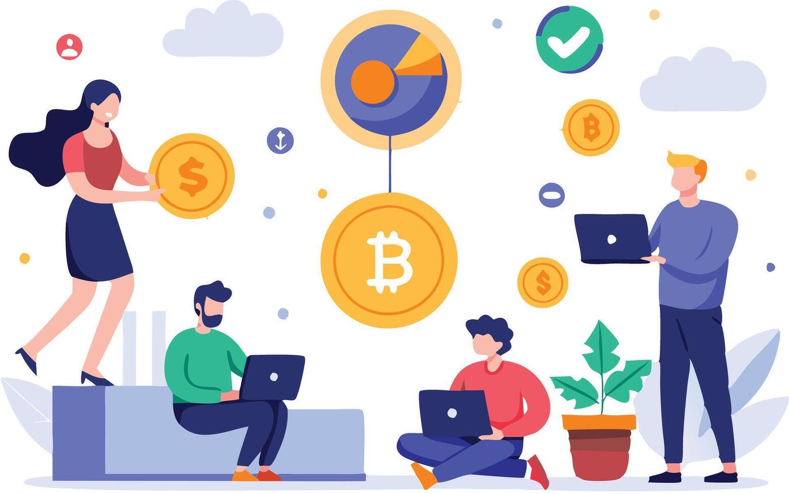 illustration of diverse people engaging in cryptocurrency trading with laptops and financial symbols vector