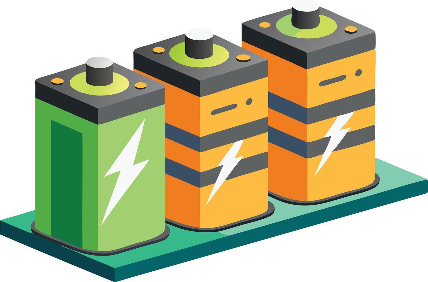 illustration of three distinct batteries in various colors and designs arranged on a green platform vector