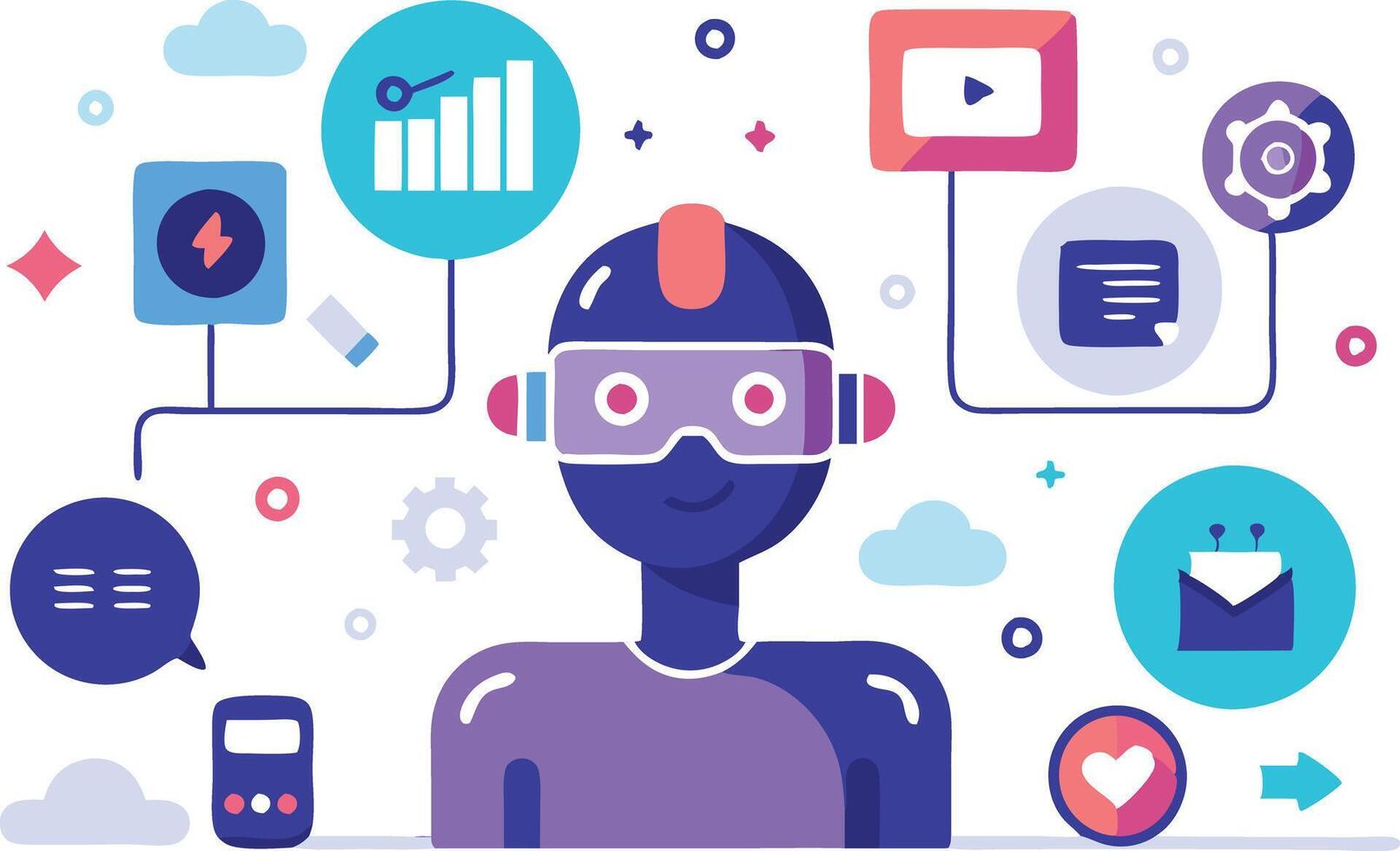 ilustración de un virtual asistente utilizando tecnología con varios íconos representando datos y comunicación vector