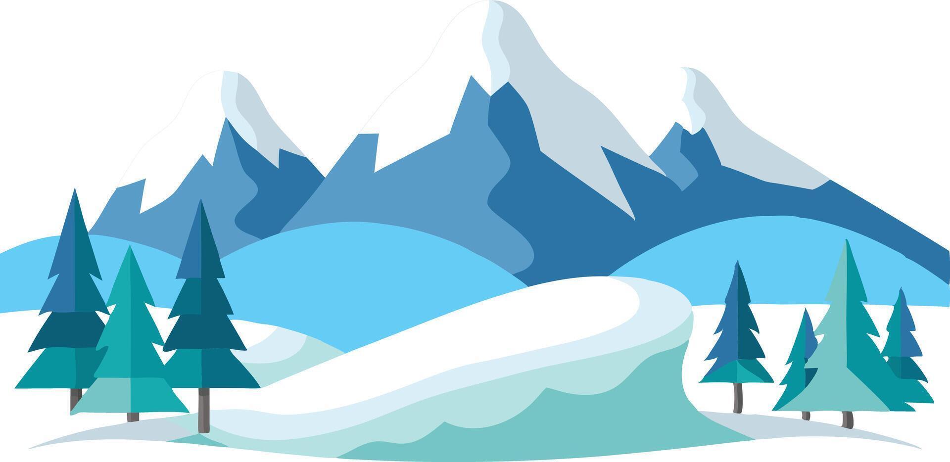 illustration of serene winter mountains with snow covered peaks and evergreen trees vector