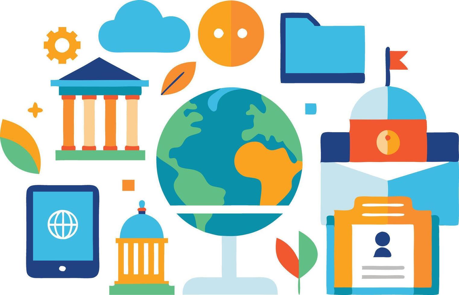 illustration showing a globe surrounded by icons representing communication, education, and technology, symbolizing global connections and the power of information vector