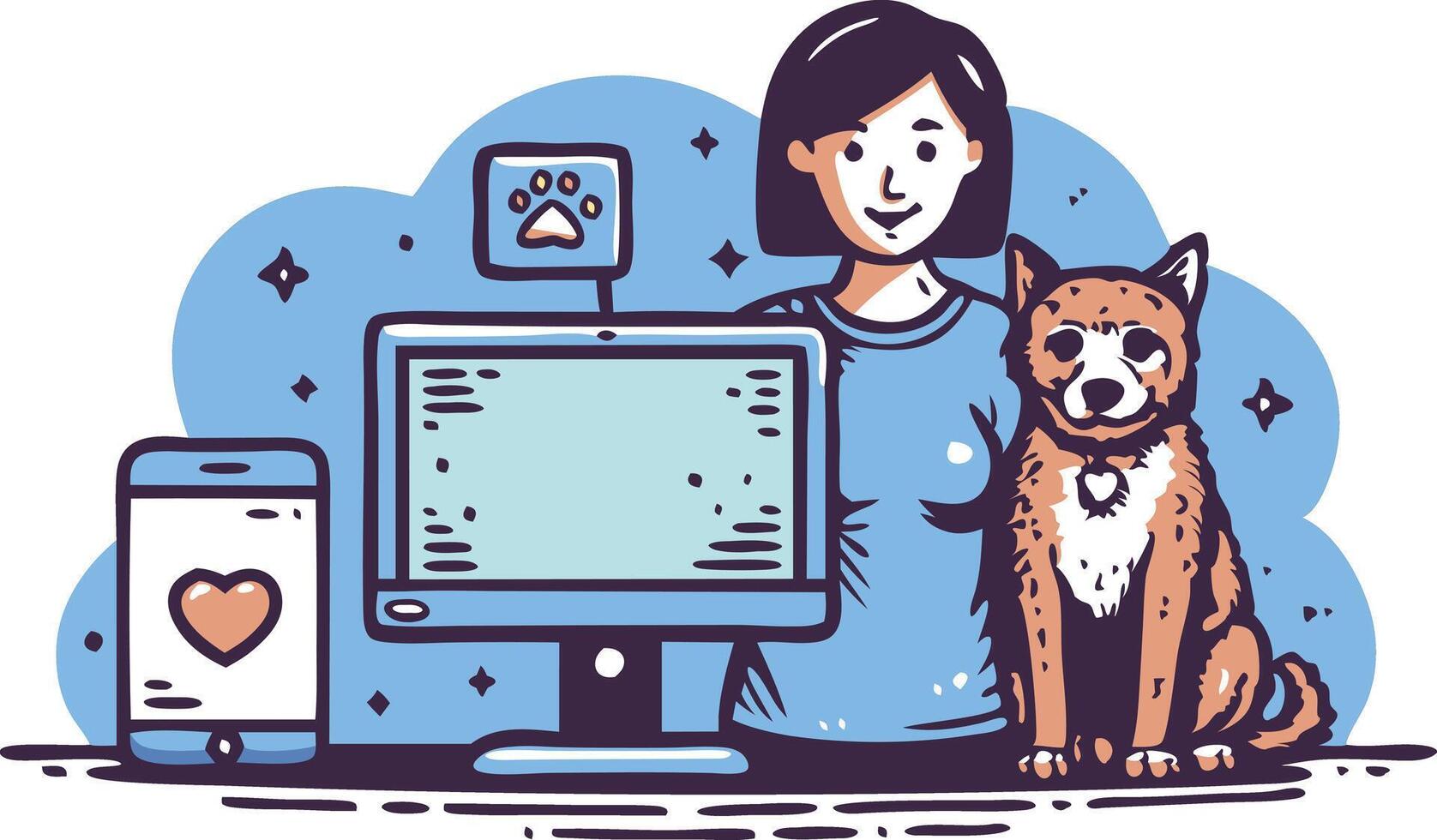 A woman stands in front of a computer and a smartphone with a dog by her side. The computer and phone display paw prints and a heart, respectively vector