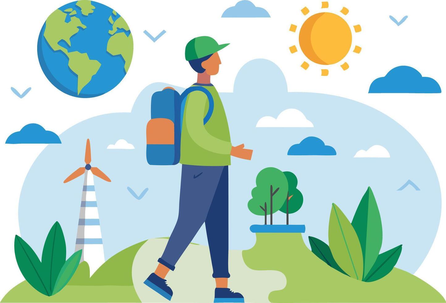 A person hiking through a colorful landscape with wind turbines and a sunny sky vector