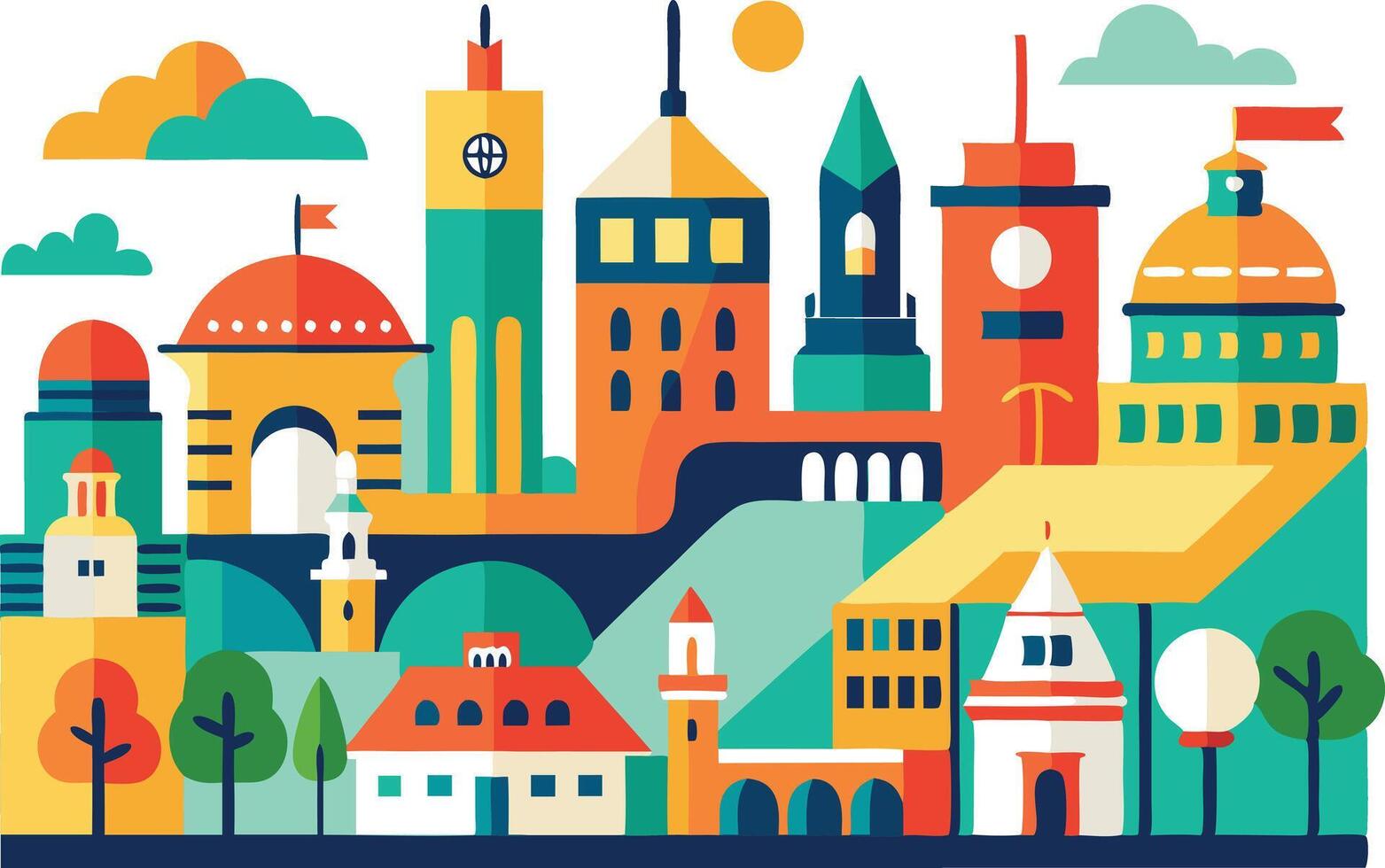 Colorful illustration of a vibrant cityscape with various buildings, trees, and cloudy skies vector