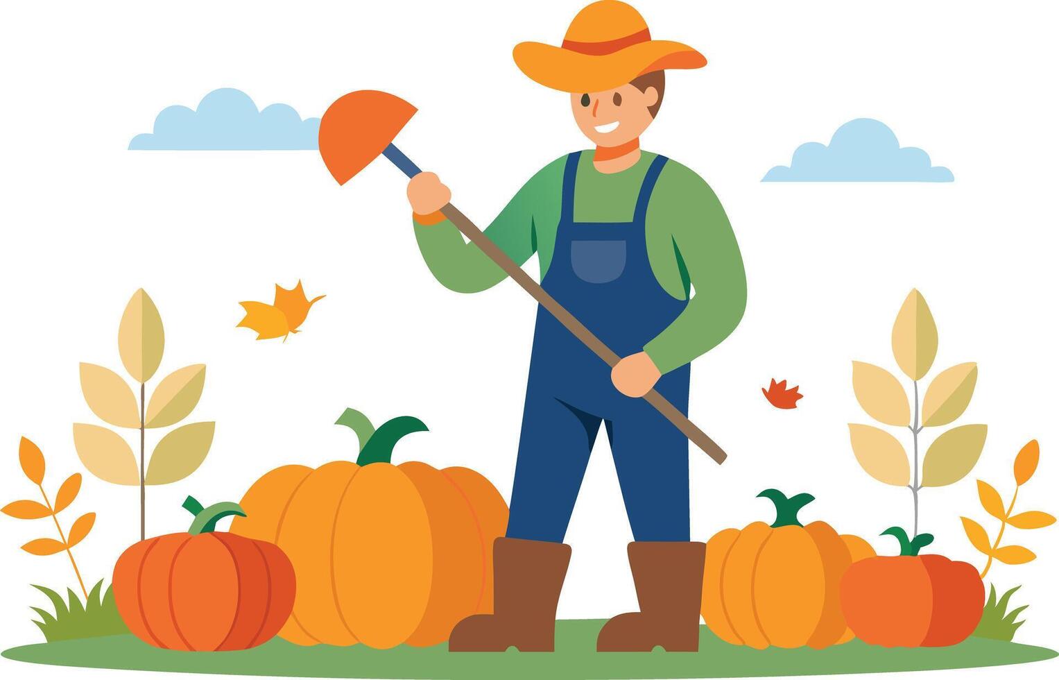 A farmer in overalls holding a shovel among orange pumpkins and autumn leaves vector