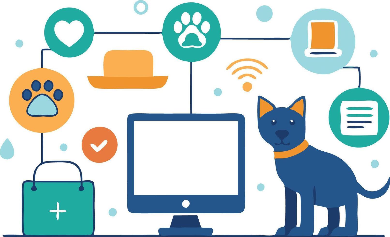 illustration of a dog with technology icons representing pet care and digital veterinary tools vector
