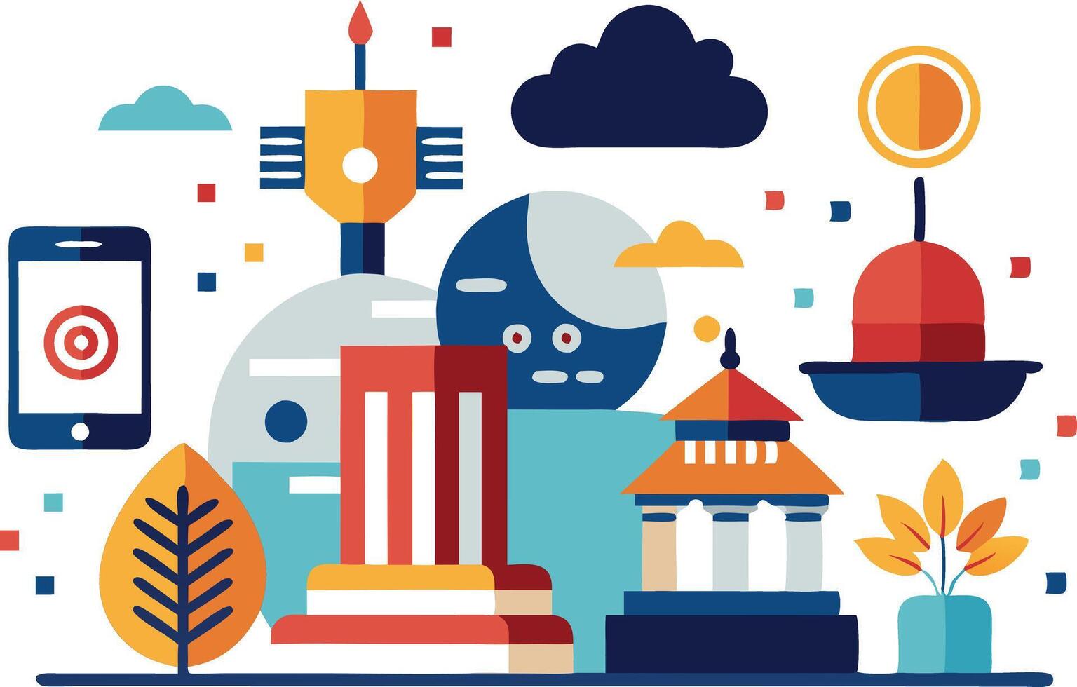 illustration of a colorful cityscape with a smartphone, clouds vector