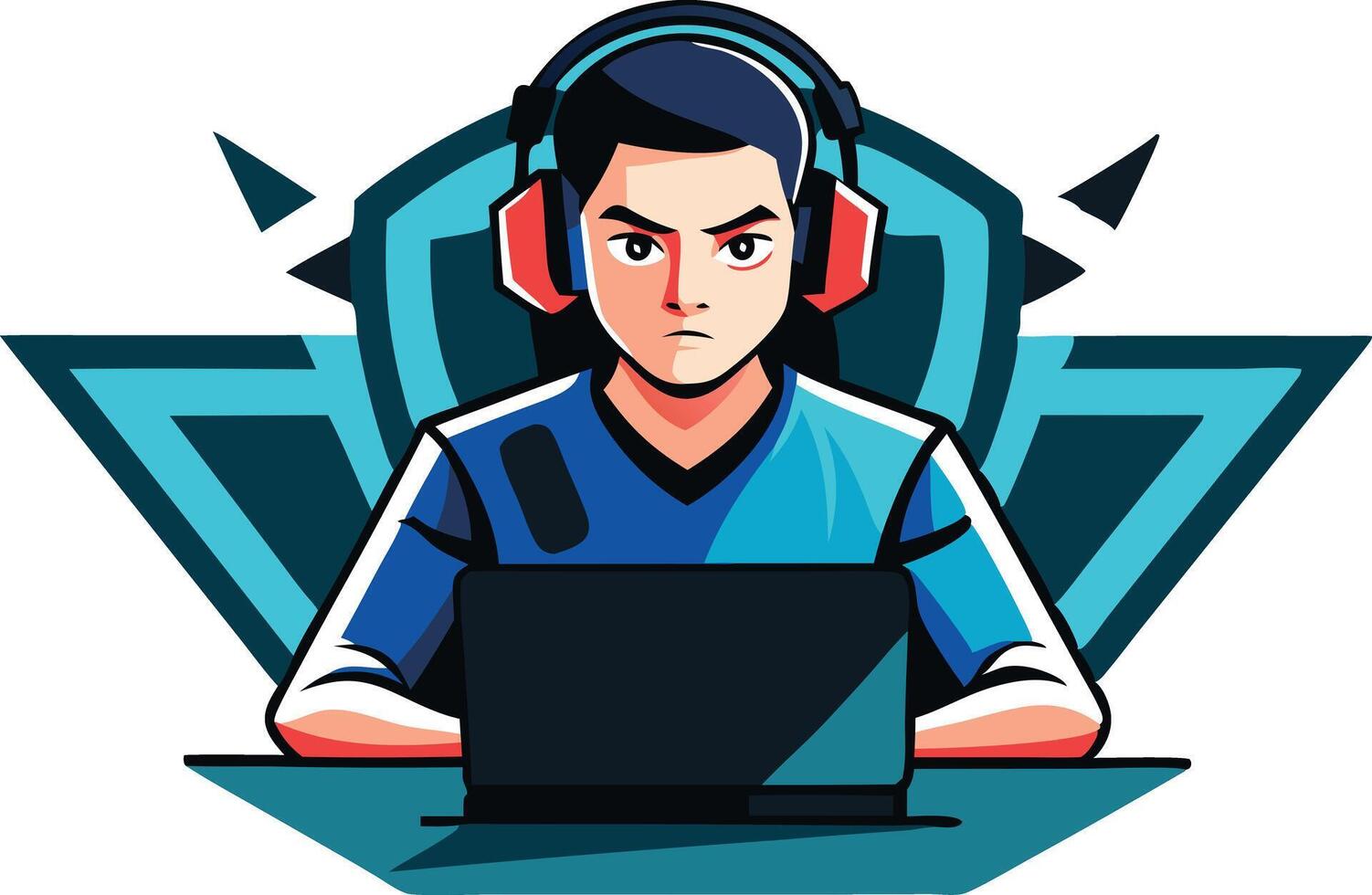 Young gamer focused on gaming performance while wearing headphones and using a laptop vector