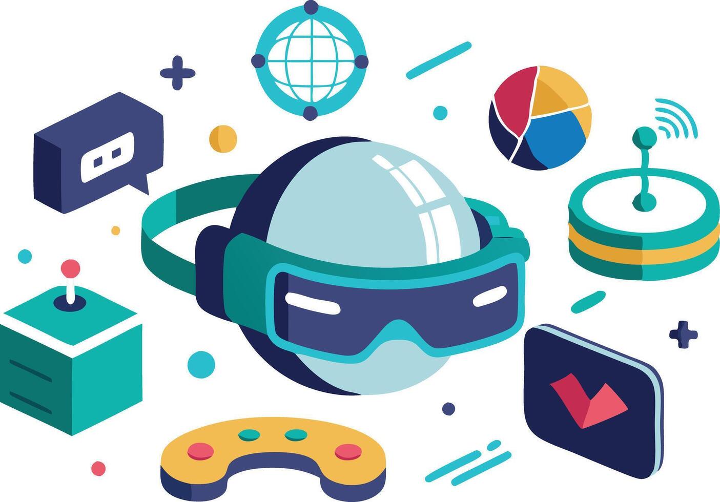 illustration of a virtual reality headset surrounded by gaming elements and tech icons vector