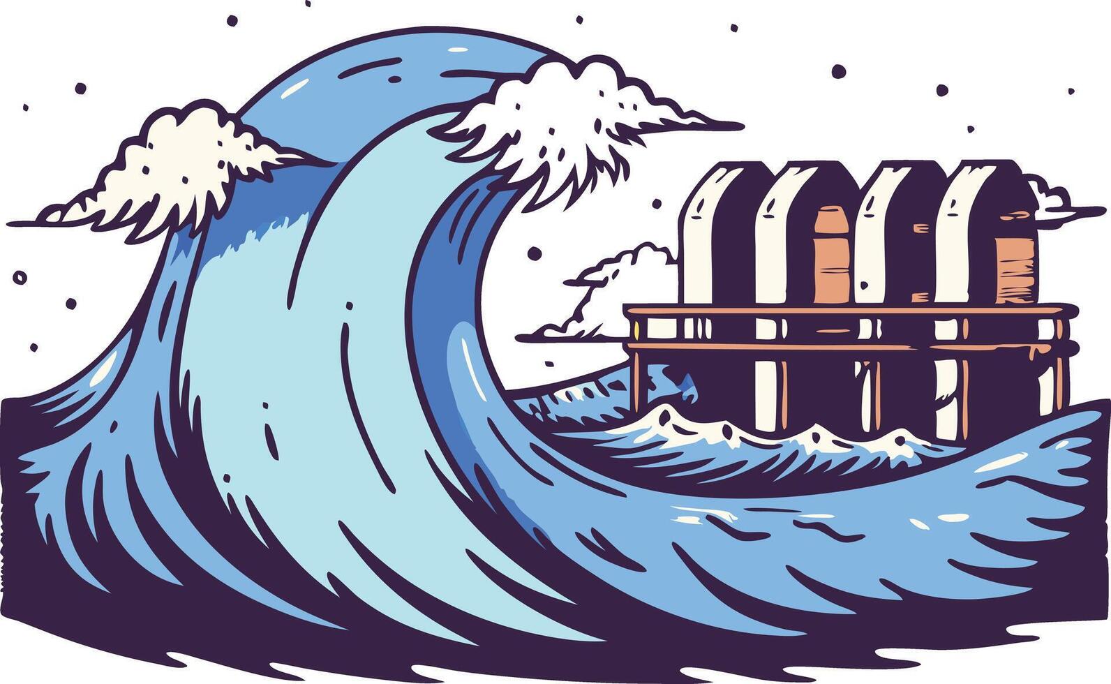 illustration of a powerful wave crashing by a coastal structure vector