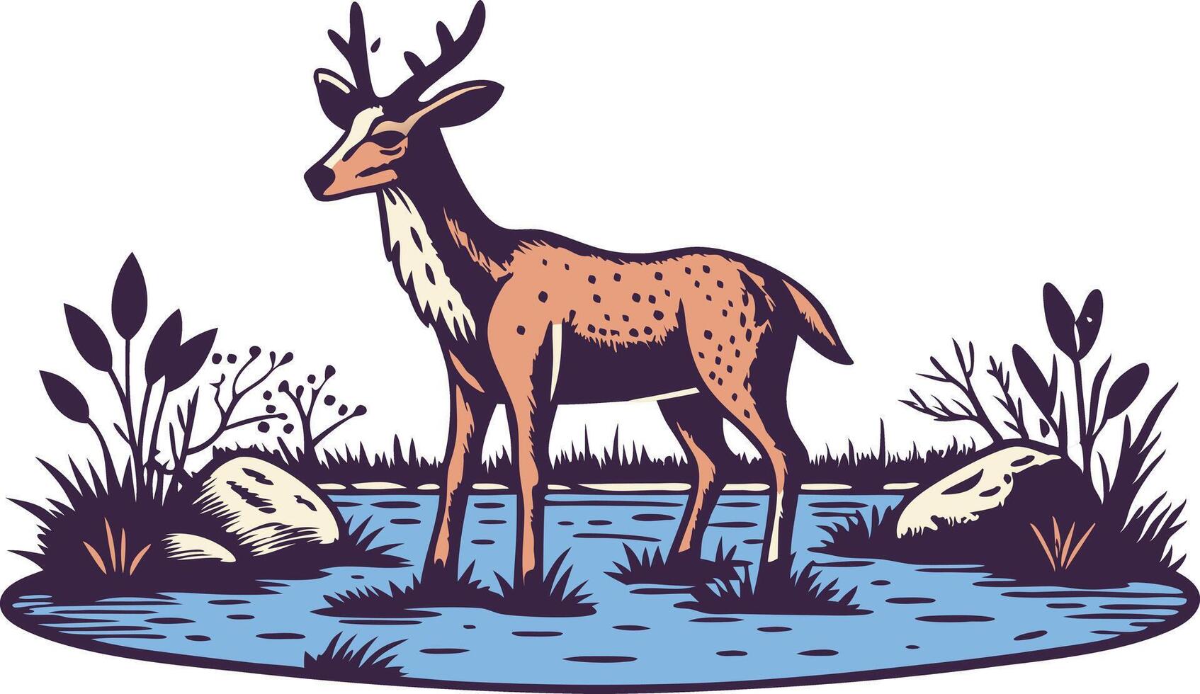 A serene illustration of a stag standing near a tranquil pond surrounded by lush vegetation vector