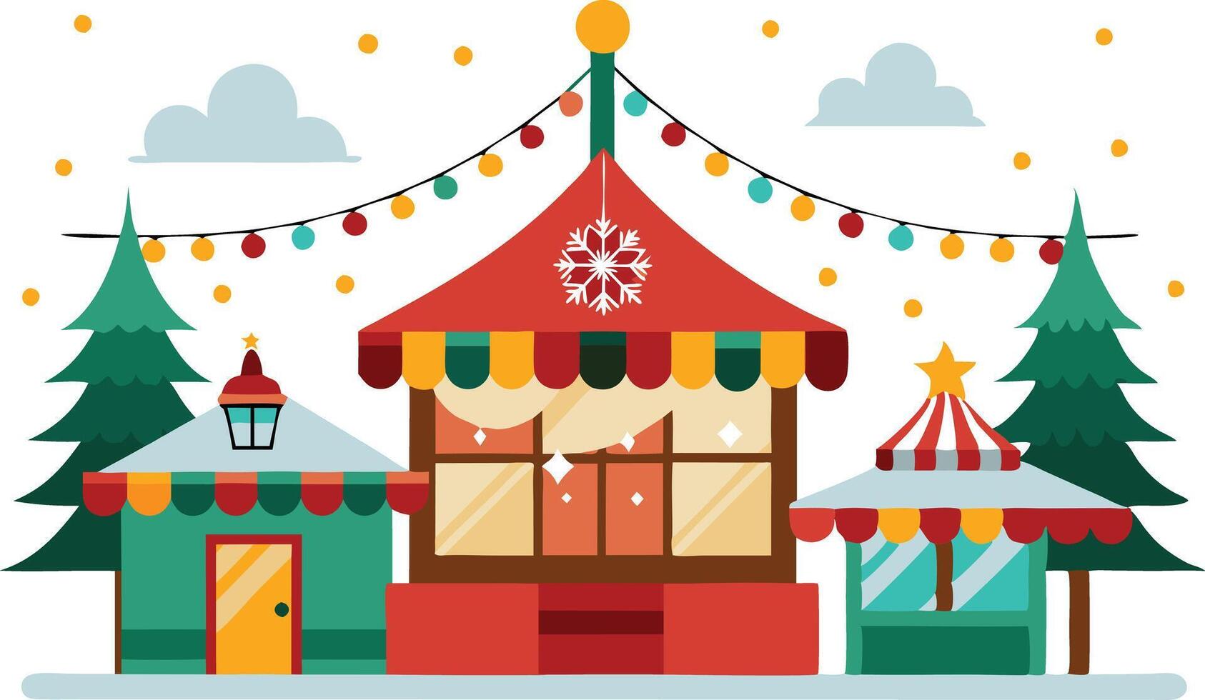 Festive winter market with colourful stalls, festive lights and evergreen trees vector