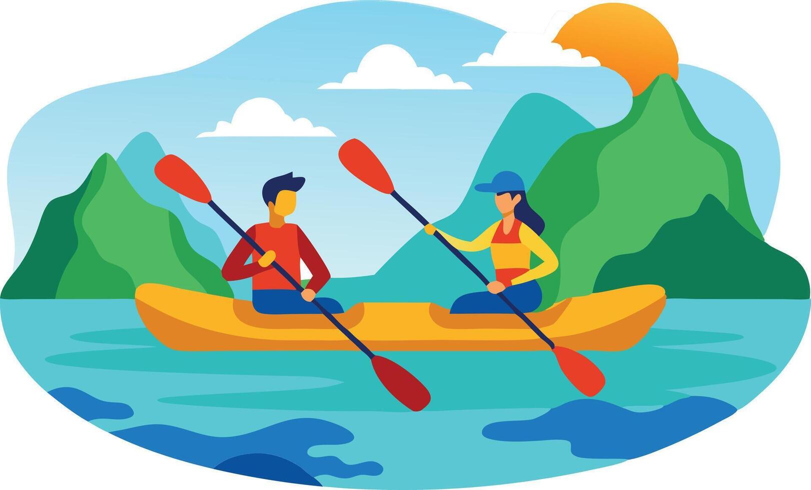 Couple kayaking on a calm lake surrounded by mountains vector