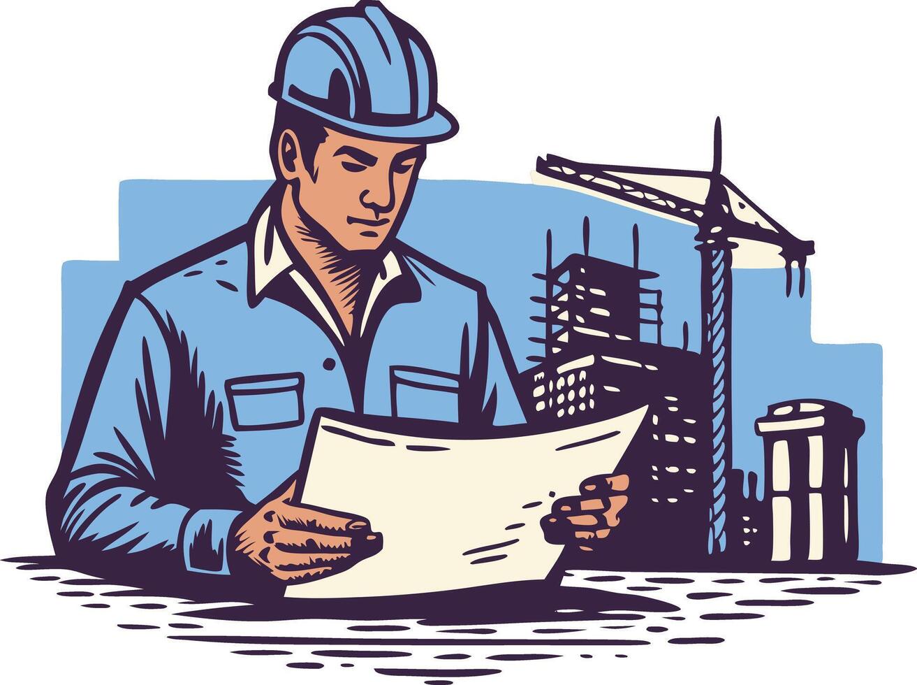 Construction worker examining blueprints at a building site with cranes in the background vector