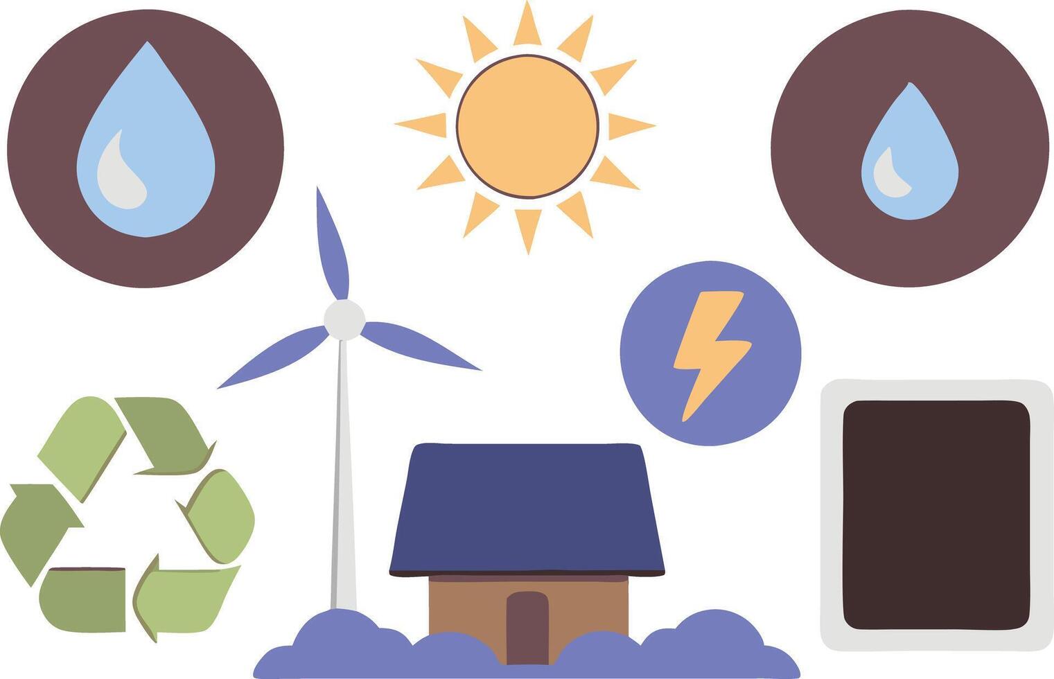 illustration showcasing renewable energy symbols, including a house, solar panels, wind turbine, water droplets, and recycling icon vector