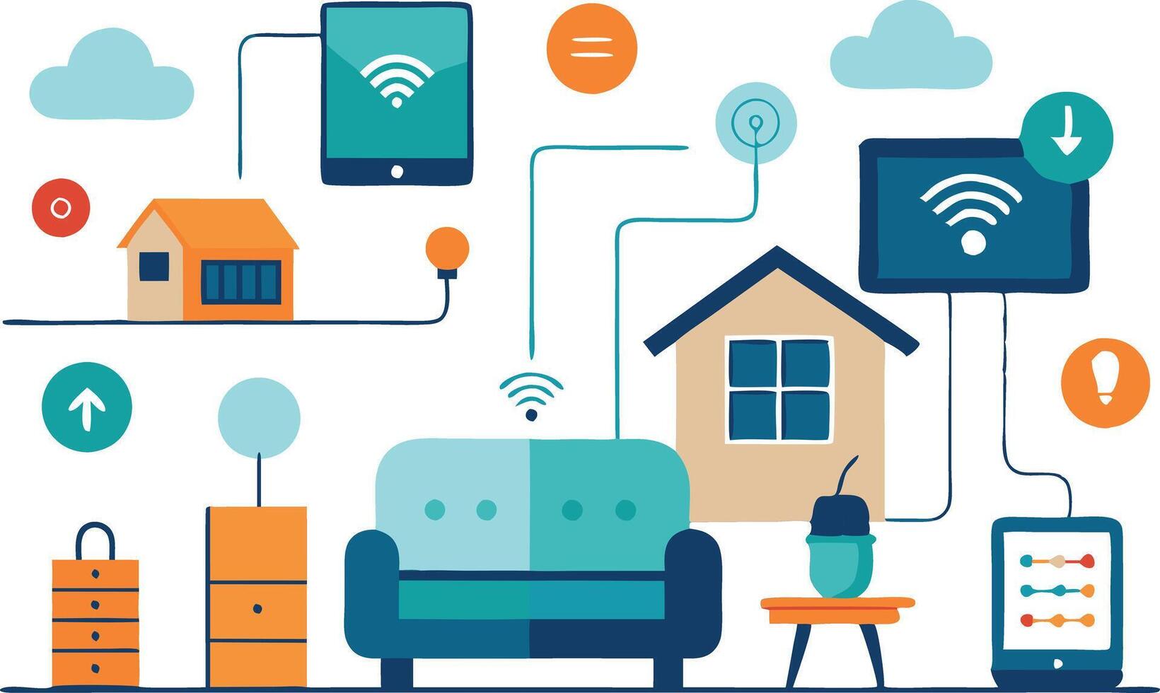 illustration of a smart home living room with devices connected through Wi-Fi, showcasing modern furniture and technology vector