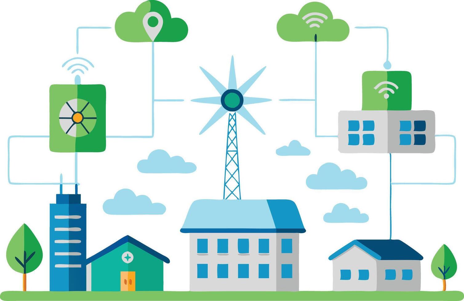 illustration of a smart city with renewable energy sources, connected buildings, and communication technology vector