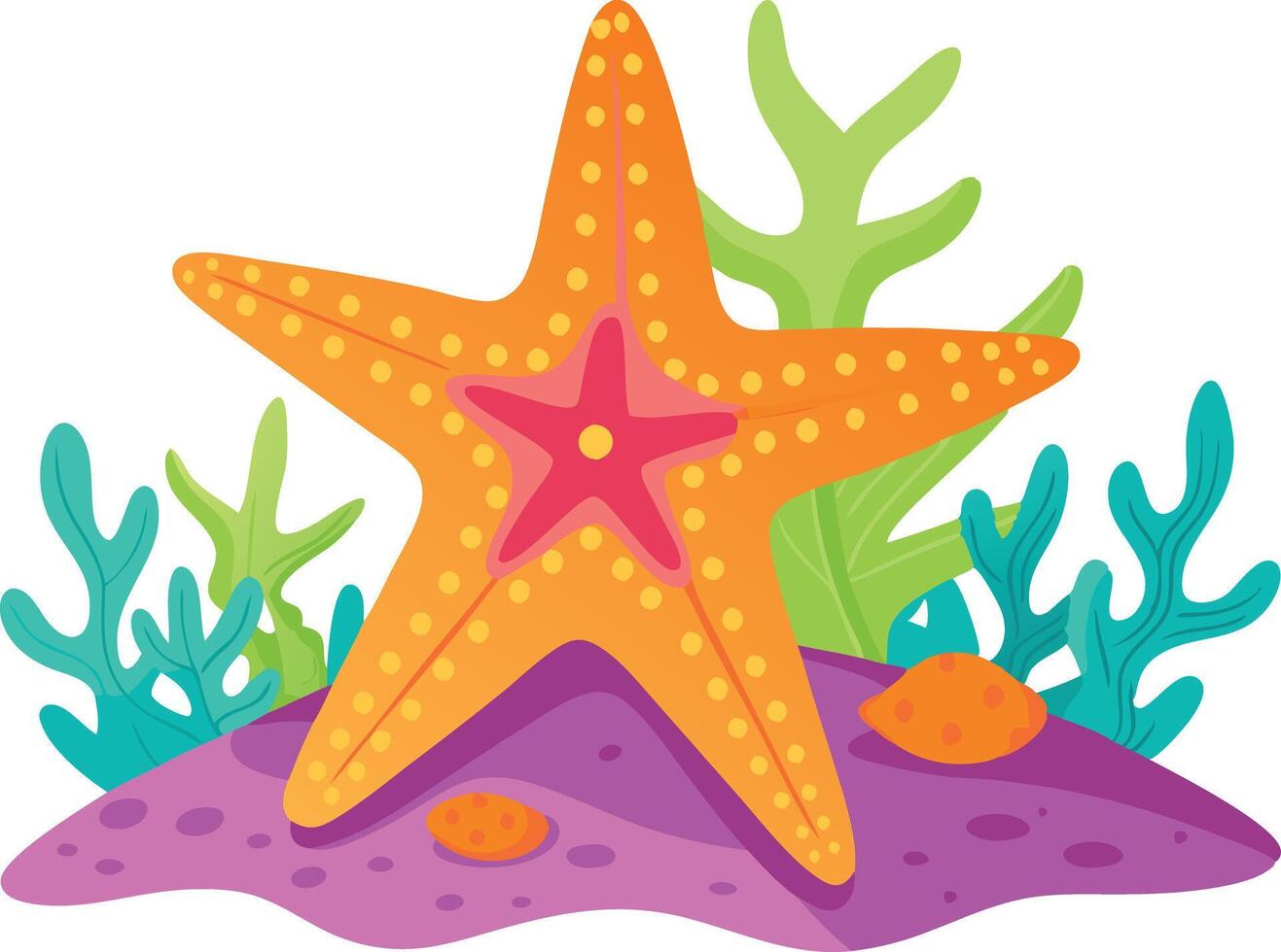 Colorful illustration of a starfish resting on vibrant coral reef vector