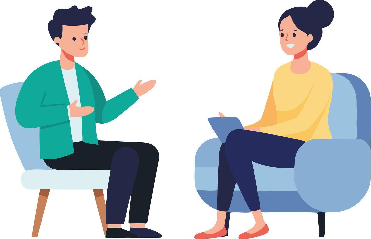 A man and woman engage in an interactive conversation while seated in a cozy therapist's office vector
