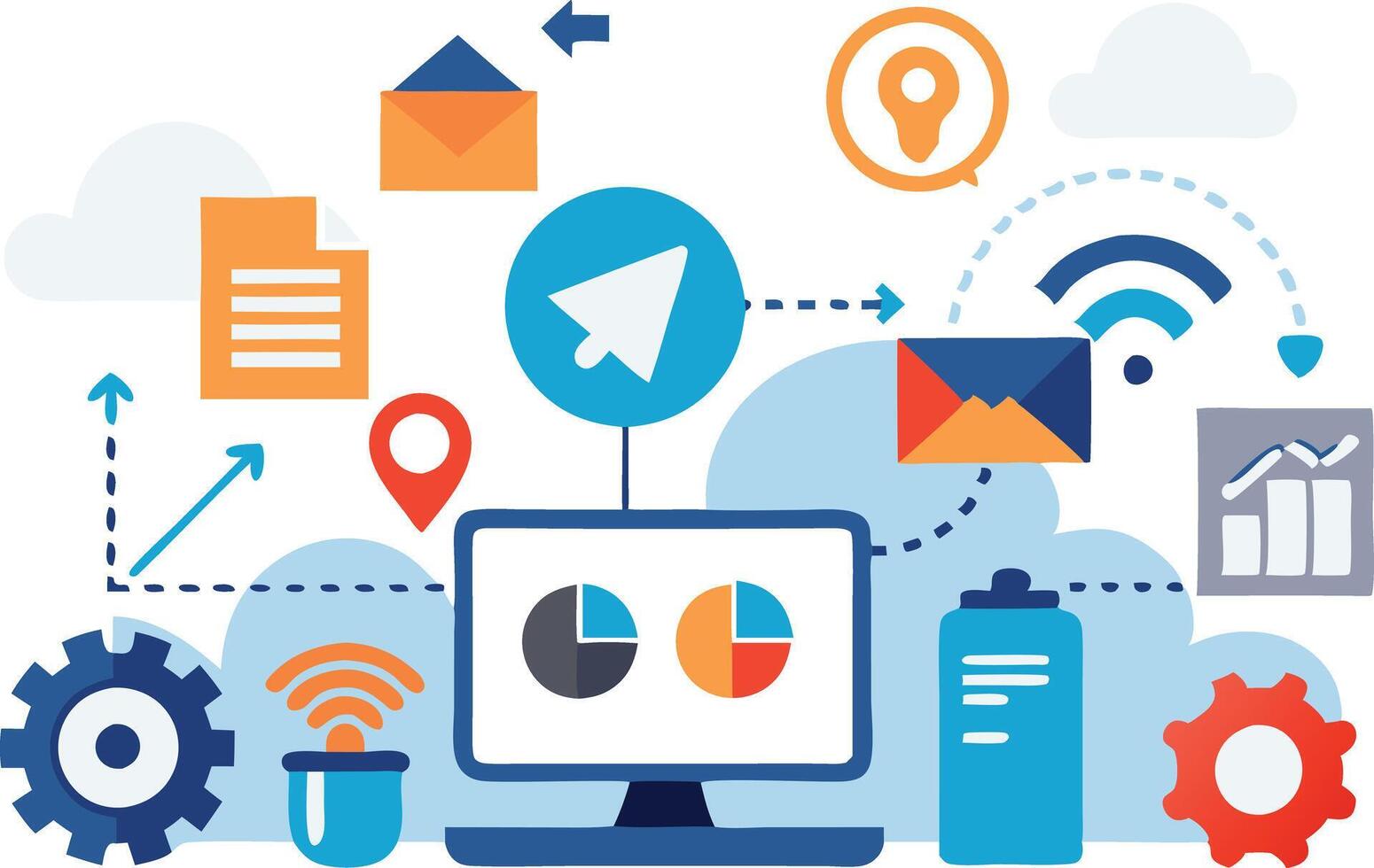 illustration of a computer displaying data analytics and cloud computing symbols with various technology elements vector