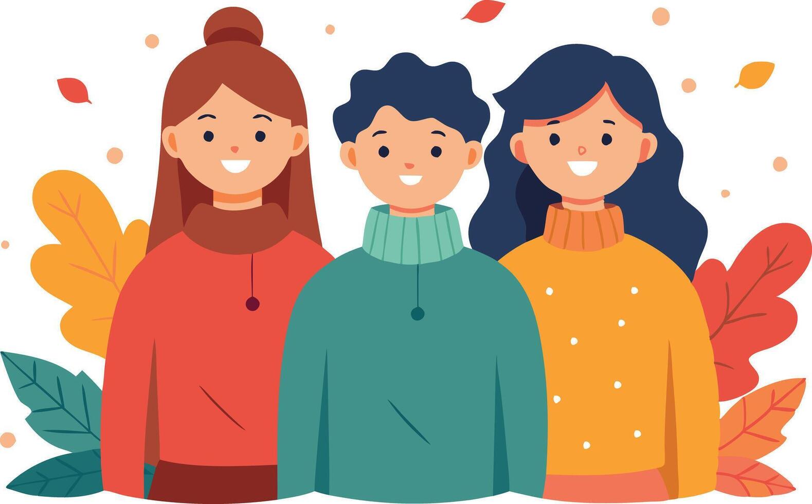 Three friends smiling together in autumn setting with colorful leaves and warm sweaters vector