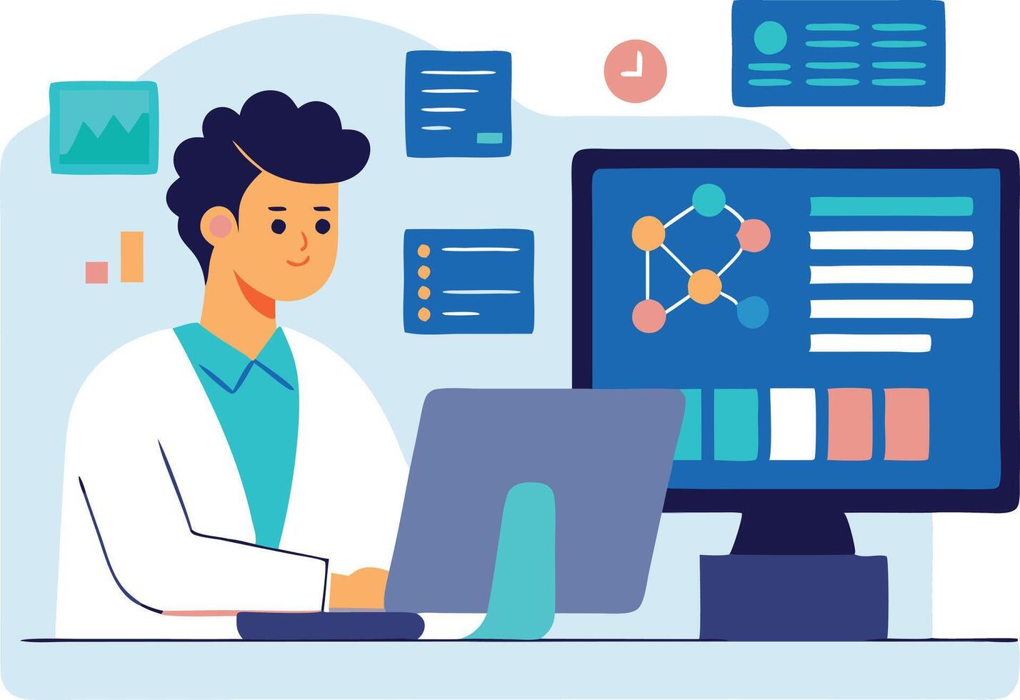 un científico trabajando en un computadora en un laboratorio, analizando datos y haciendo investigación en un científico proyecto vector