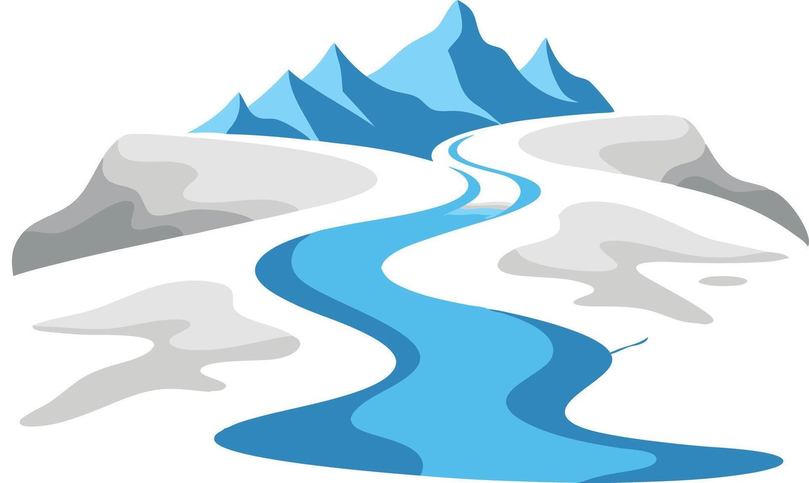 A serene illustration of a winding river flowing through snowy mountains vector