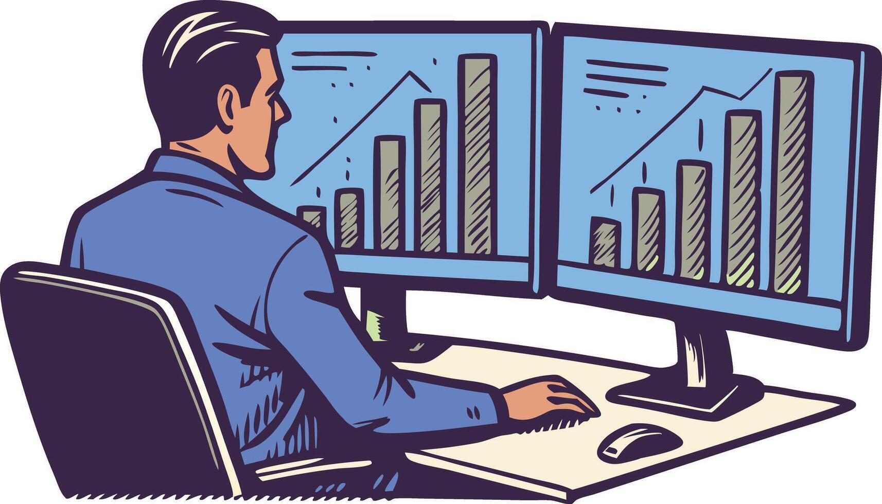 Business professional analyzing data on dual monitors vector