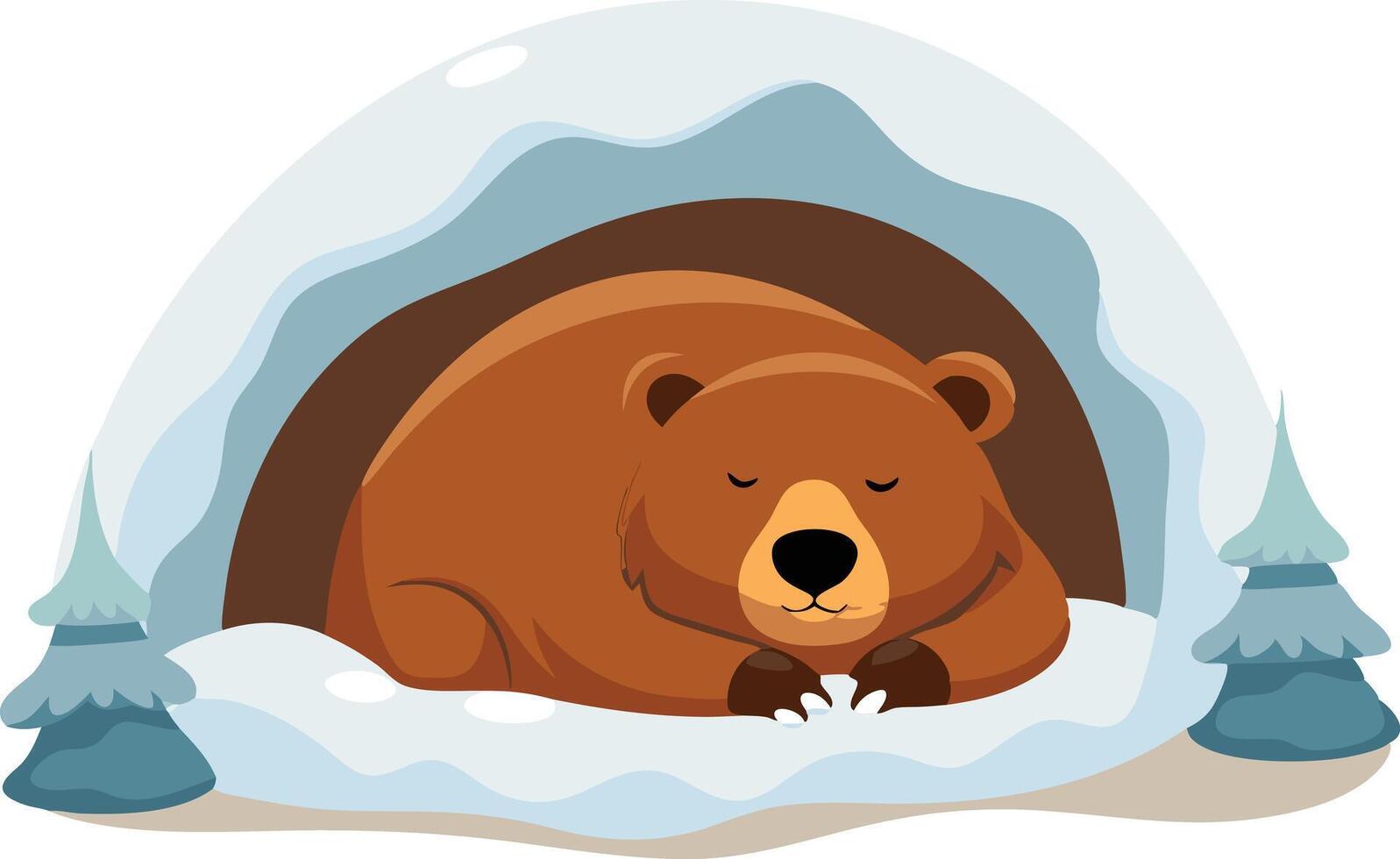 A bear resting peacefully in a snowy cave surrounded by pine trees vector