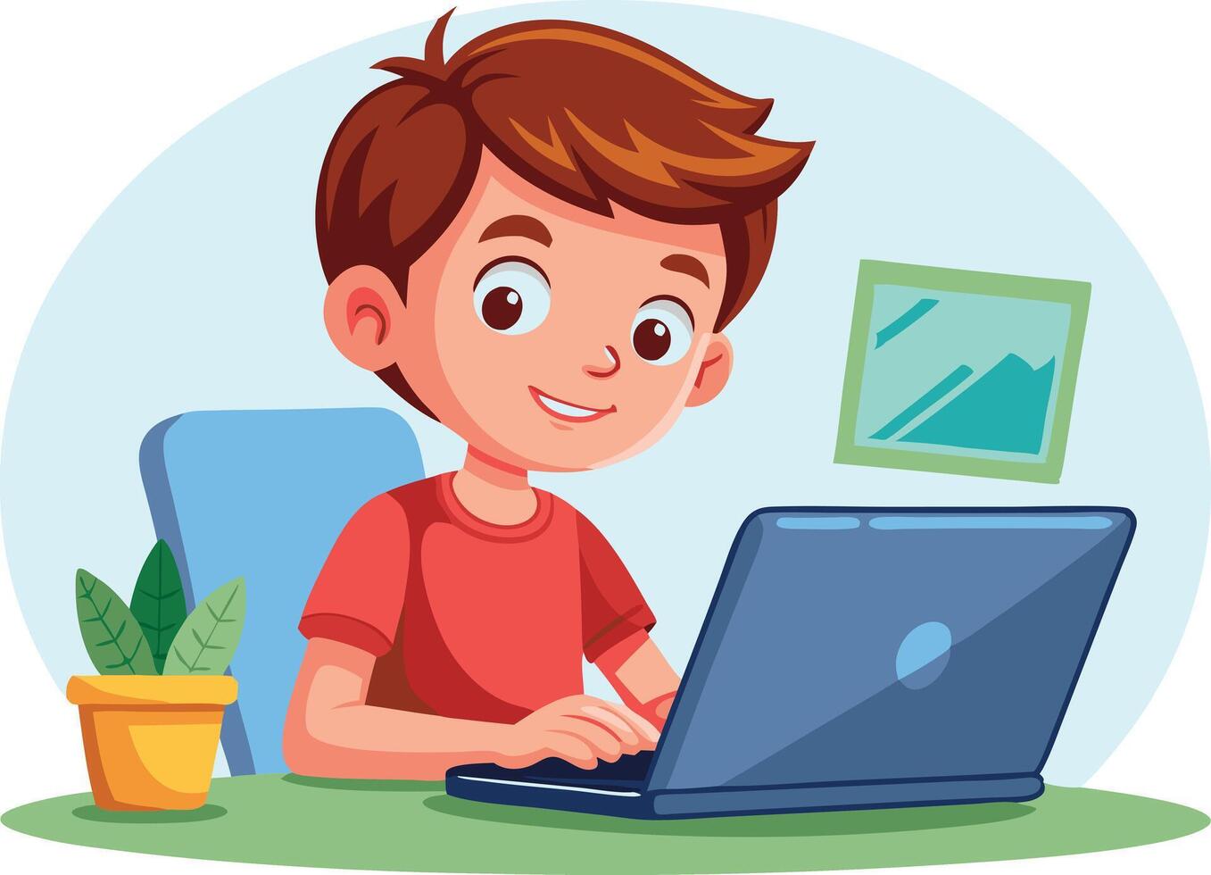 Young boy happily using his laptop. vector
