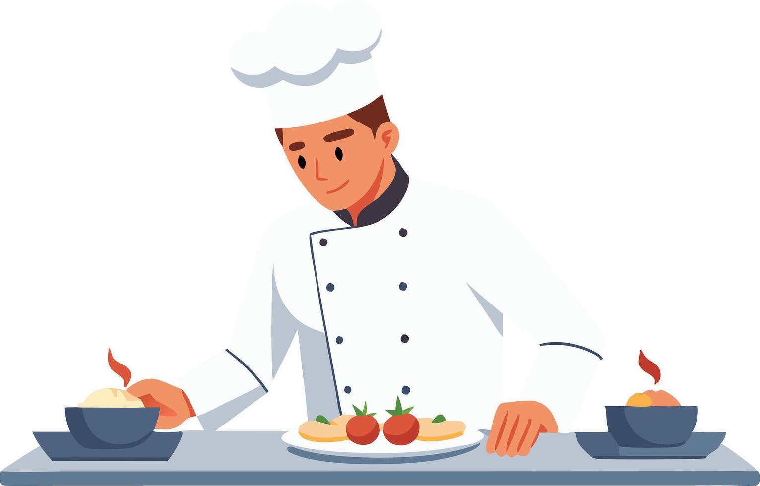 Chef preparing dishes in a modern kitchen with fresh ingredients vector