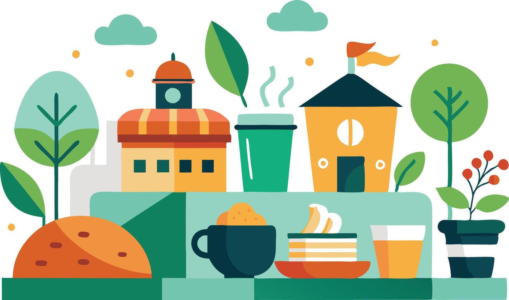 illustration of a cozy town with a cafe, trees, and assorted food items showcasing vector