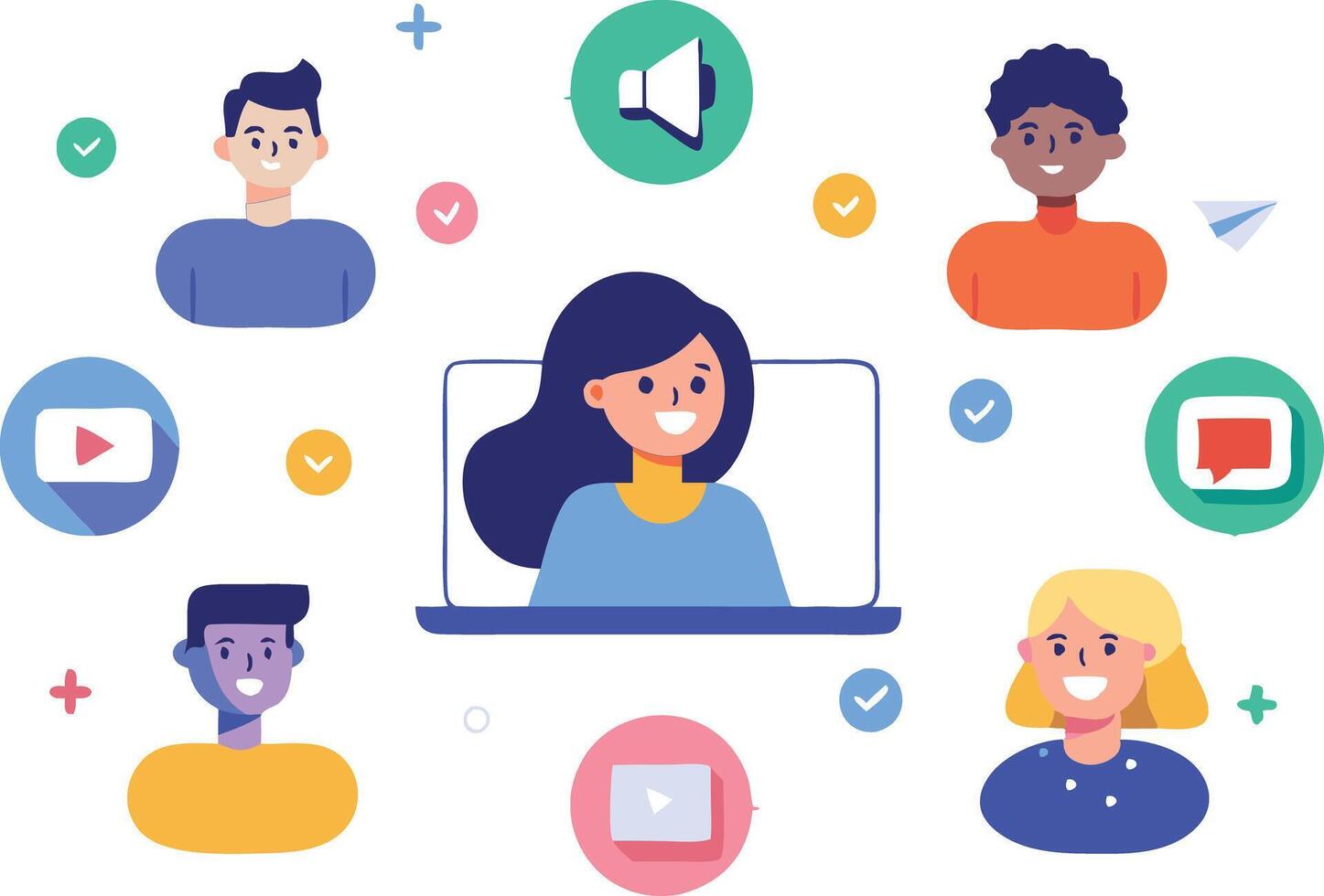 A group of diverse individuals interacting during an online meeting with various communication tools in a virtual environment vector