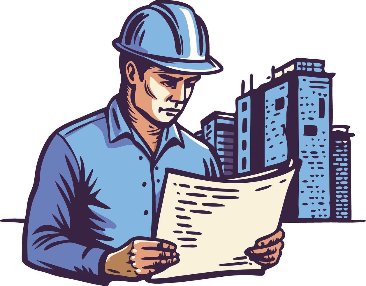 Construction worker examining blueprints with buildings in the background vector