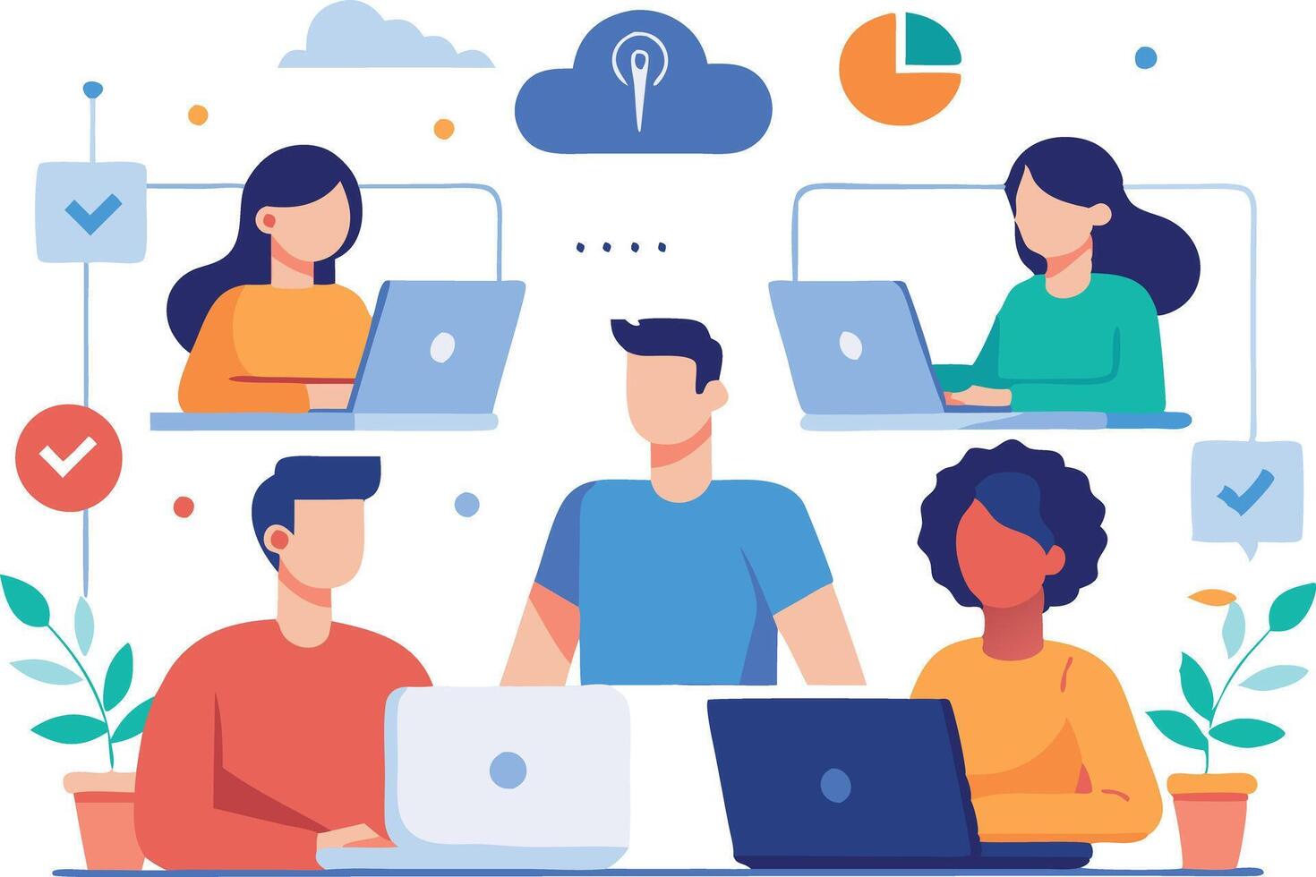 illustration of a diverse group of people collaborating on laptops vector