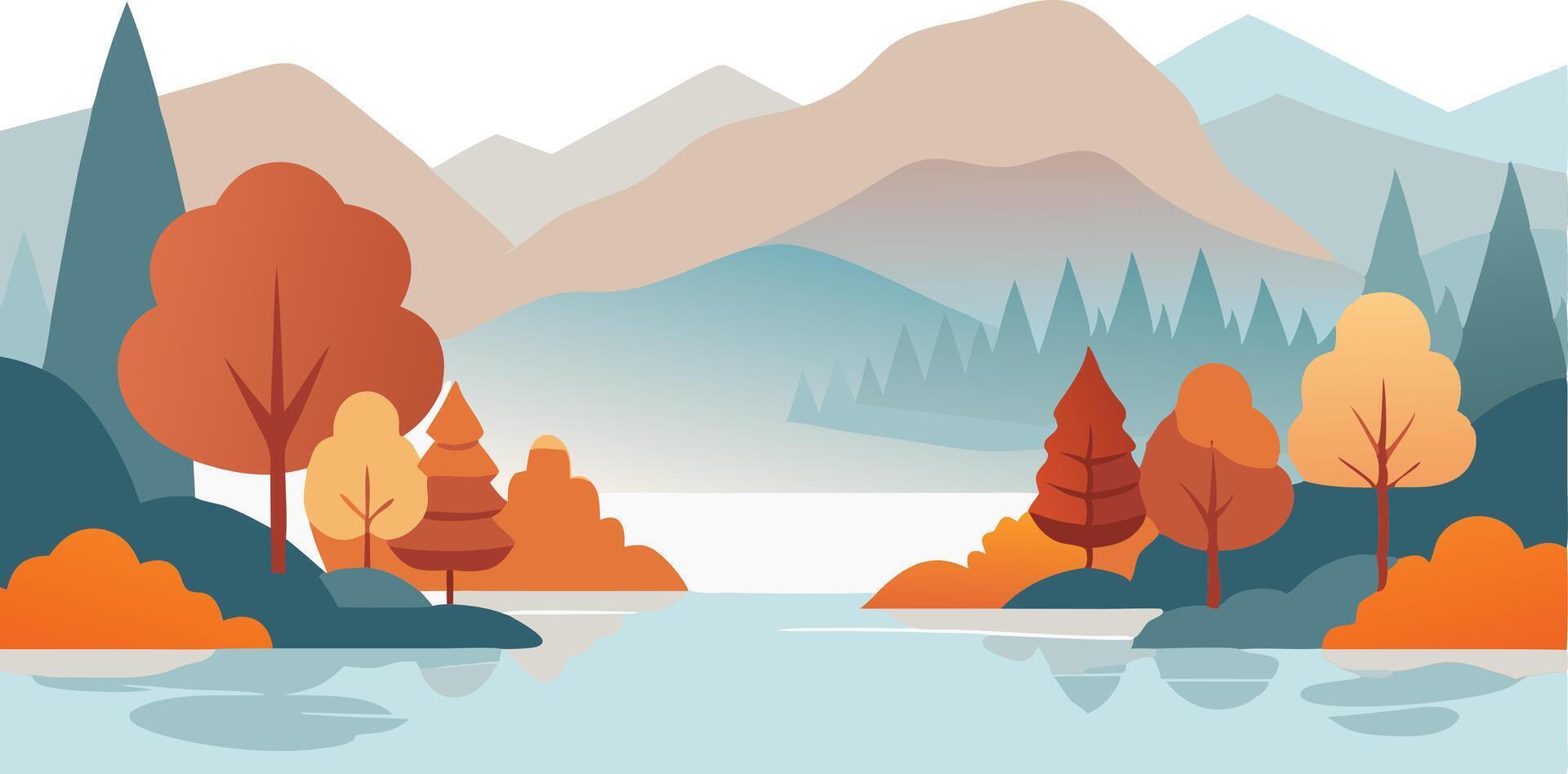 Autumn landscape with colorful trees and mountains near a serene lake in a illustration style vector