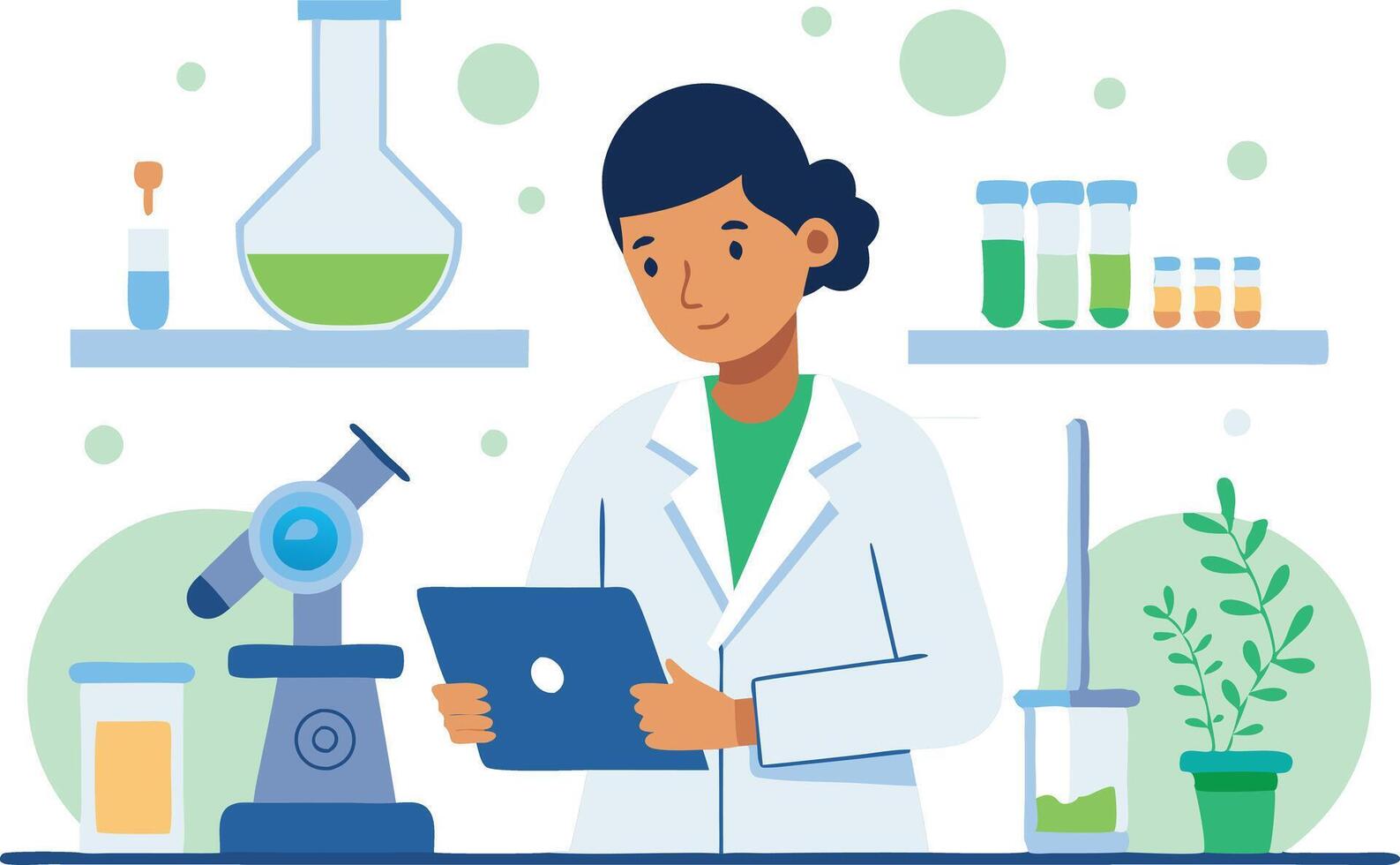 Scientist conducting research in a laboratory with equipment and samples vector