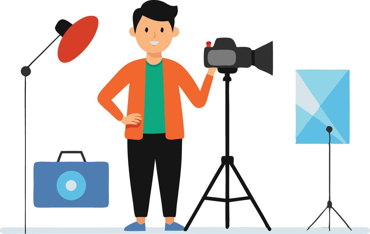 A young photographer sets up equipment in a studio, preparing for a creative photoshoot vector