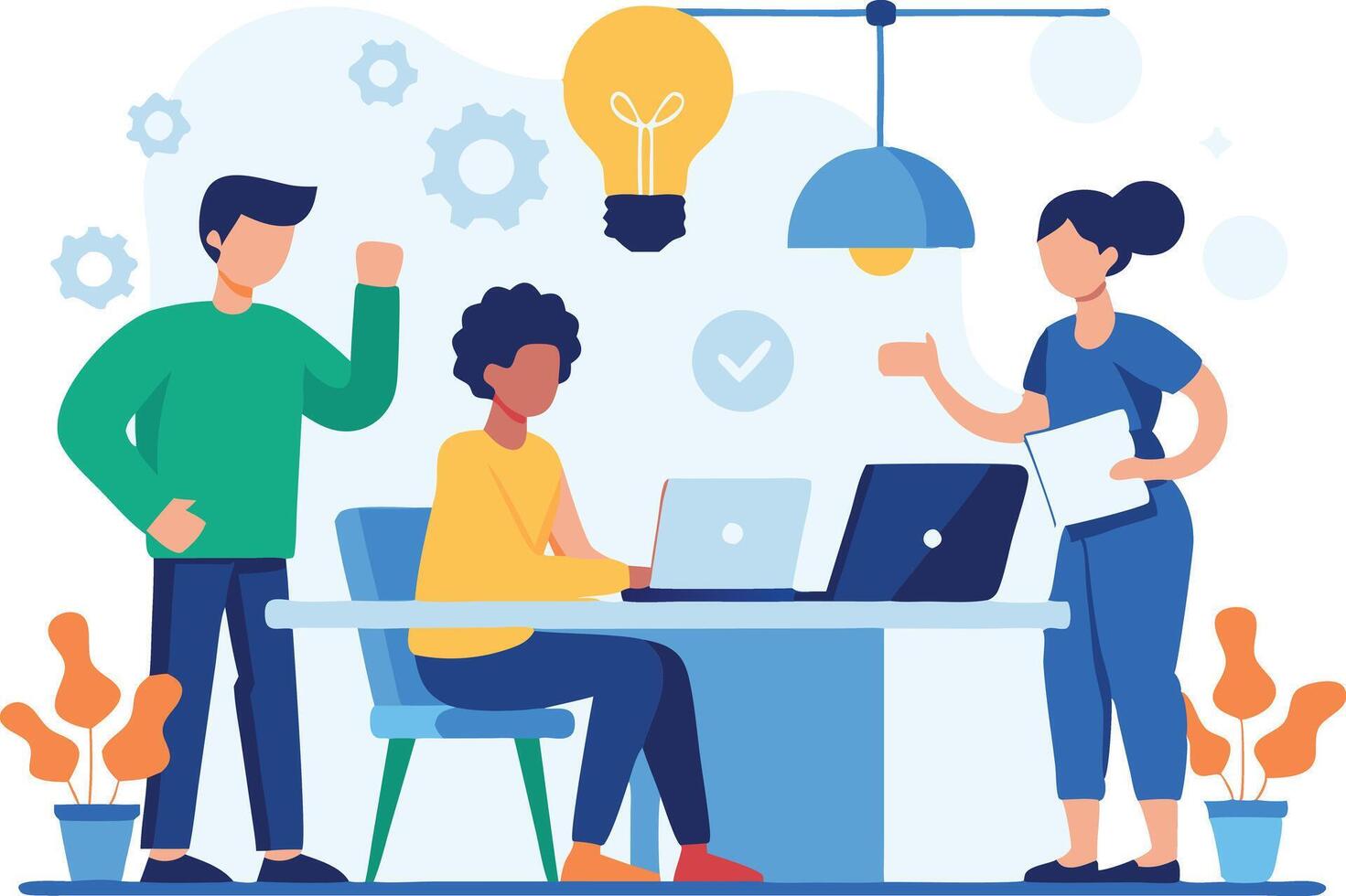 Team collaboration in an office setting with laptops, plants, and a light bulb representing ideas and creativity vector