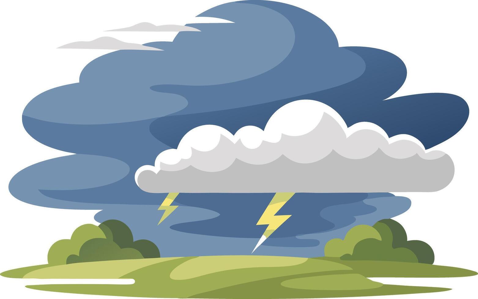 illustration of a stormy sky with lightning bolts over rolling green hills and dark clouds vector
