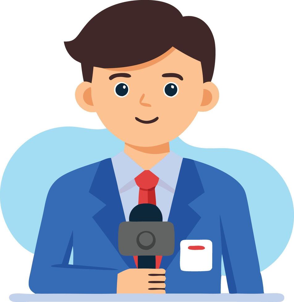 A young male reporter in a blue suit holding a microphone, ready to deliver news updates vector