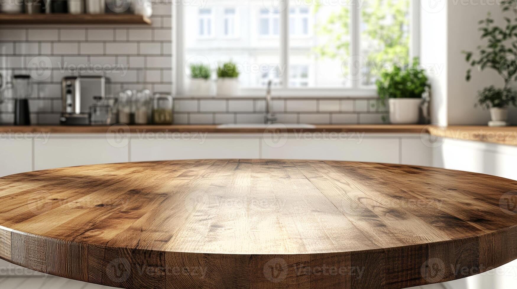 Round Wooden Tabletop. Clean, Bright Kitchen Background for Product Display photo