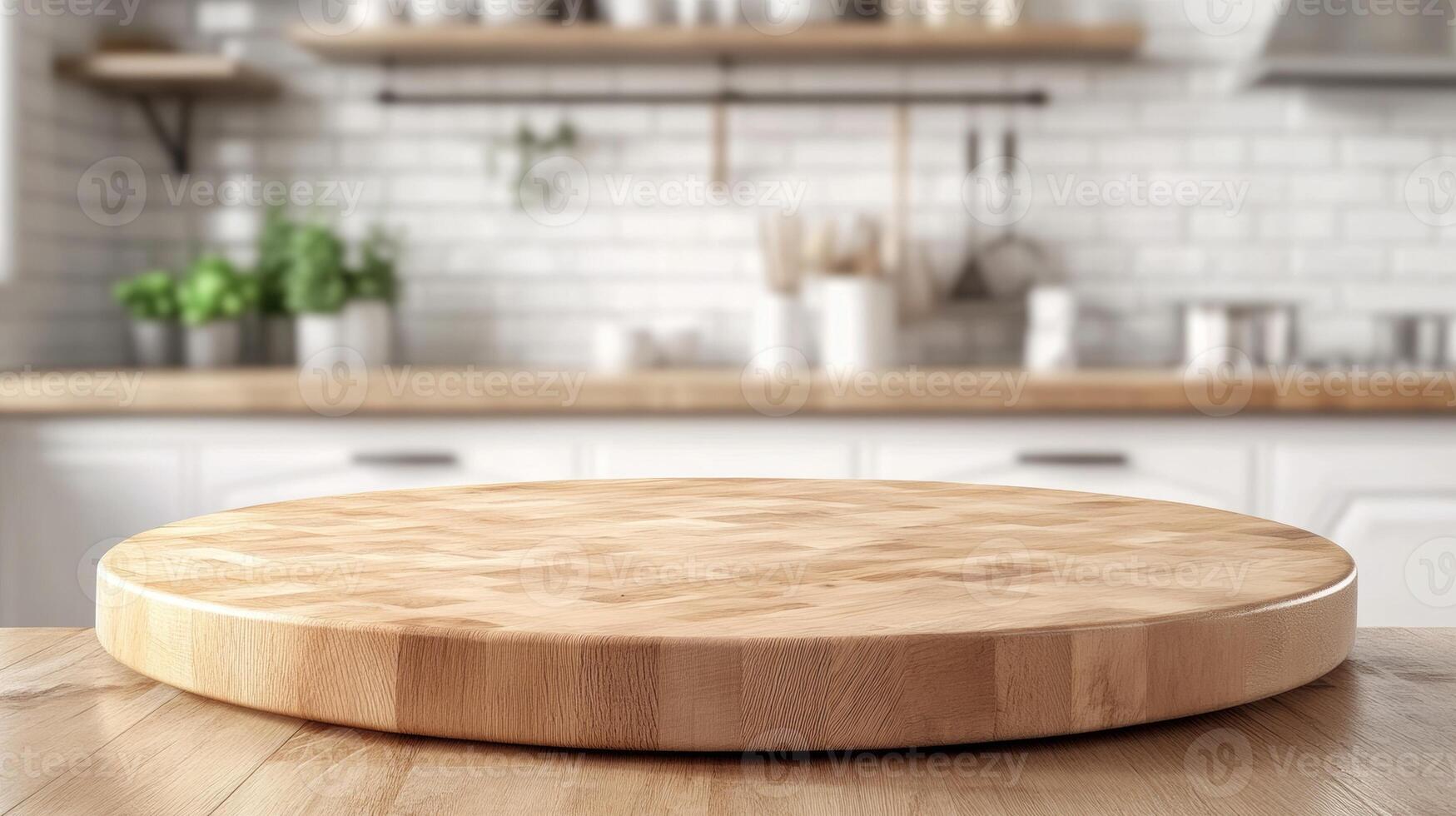 Round Wooden Tabletop. Clean, Bright Kitchen Background for Product Display photo