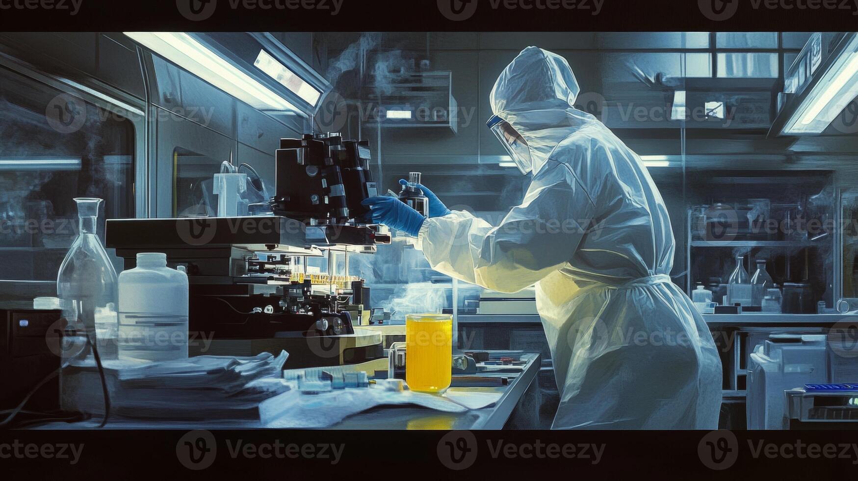 Scientist in Protective Gear Operating Research Equipment in Sterile Lab photo