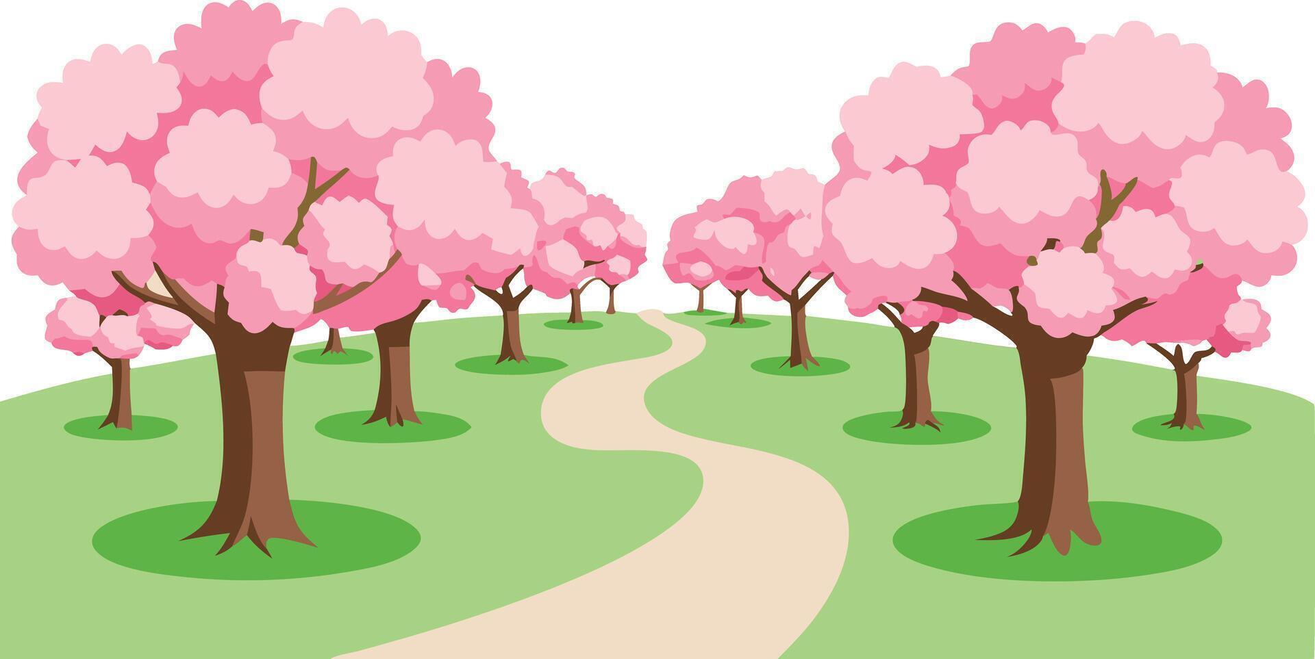 illustration of a serene cherry blossom pathway lined with pink trees vector