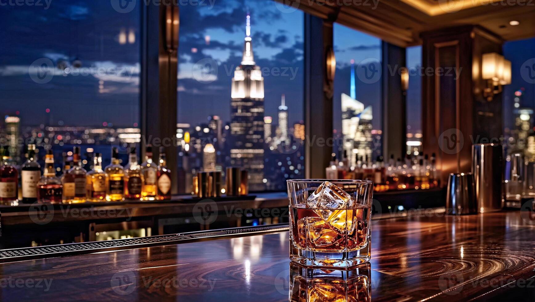 glass of whiskey on ice in a 5 star hotel bar in New York at night photo