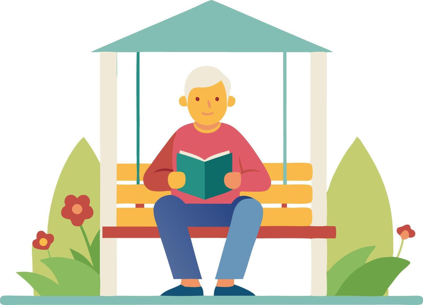 An elderly man reading a book on a bench in a park surrounded by flowers vector