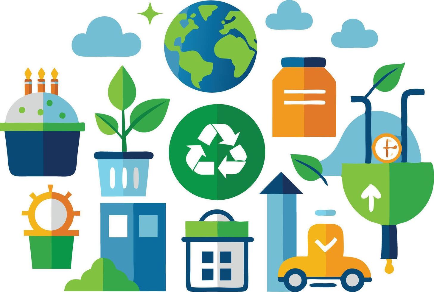 illustration depicting eco-friendly concepts with plants, recycling, and sustainable practices in a colorful design vector